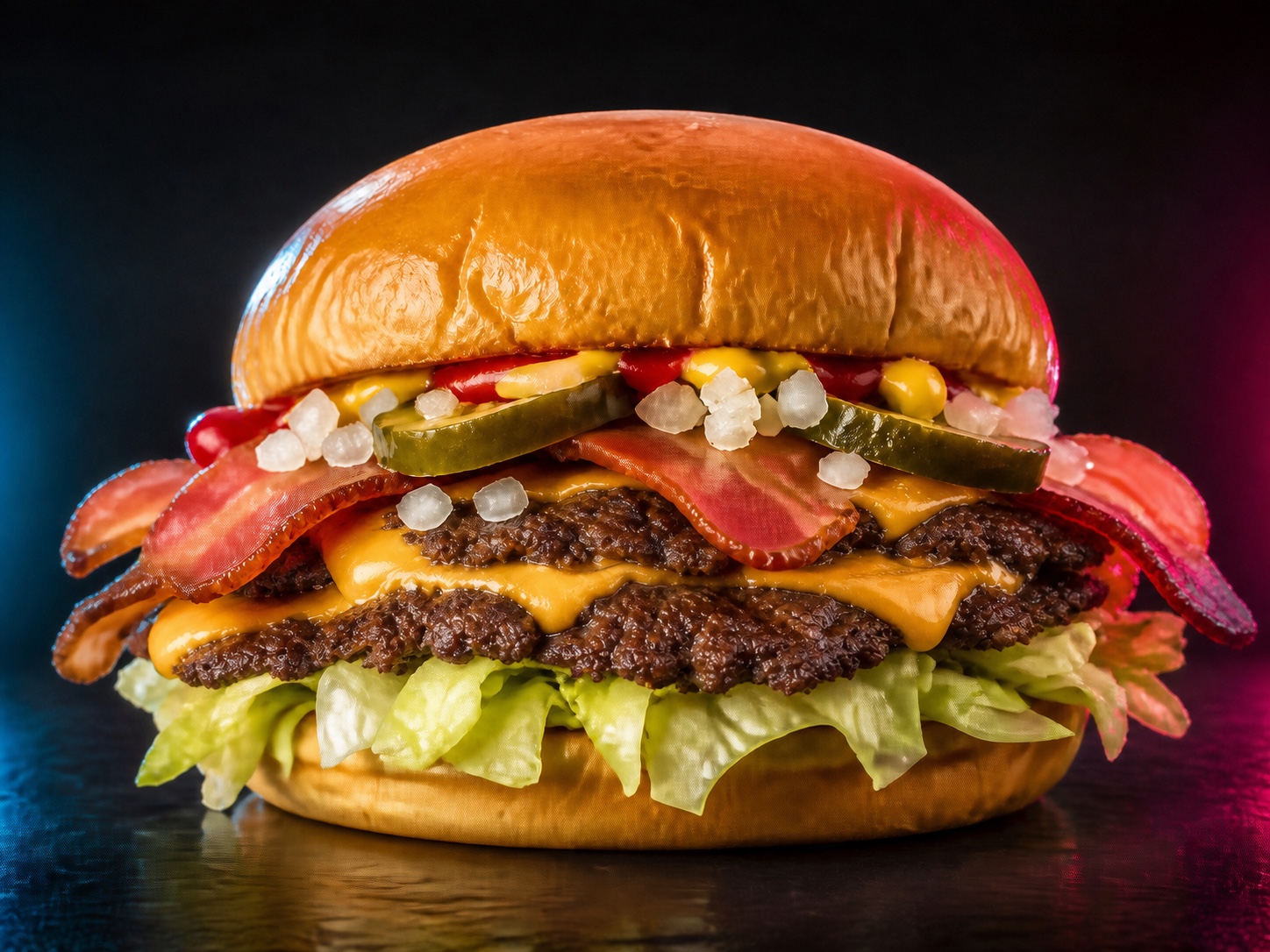 Classic F cu vită, cheddar, salată, ceapă, castraveți murați, bacon, ketchup și muștar